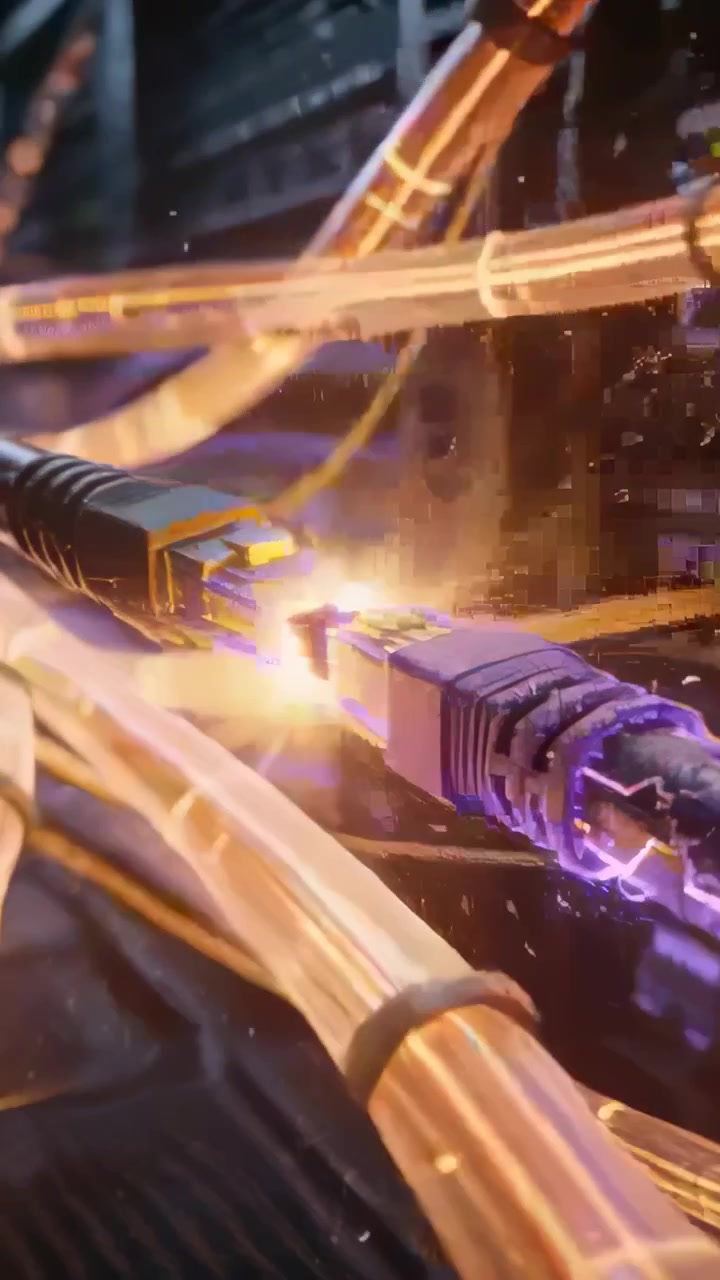 Vertical video: Sparking RJ45 connectors nearing contact creating arc in rack, lighting cables