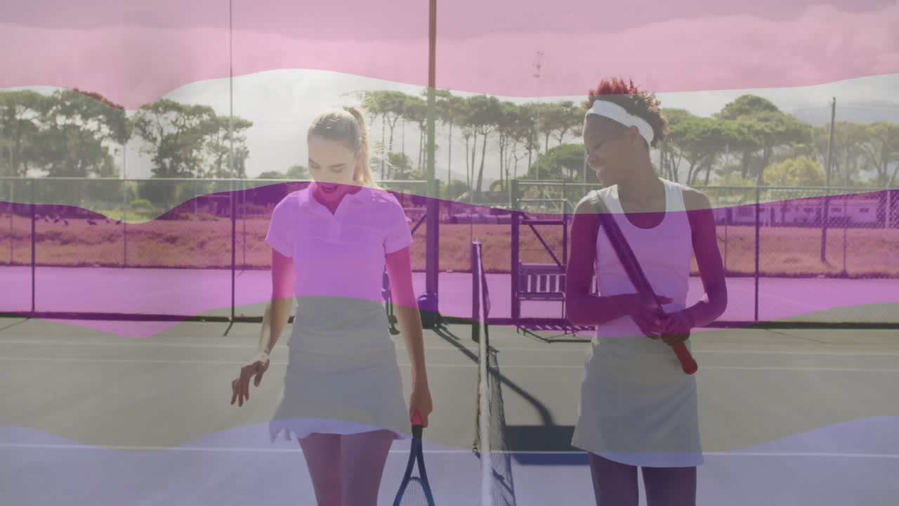 Walking side by side crossing tennis court, women displaying sports data overlay and stats chart