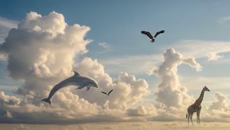 surreal fantasy scene featuring a dolphin, giraffe, and birds flying through a dreamlike cloudy sky in a vibrant landscape
