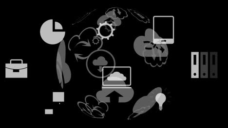 animación de iconos y procesamiento de datos sobre el globo sobre fondo negro