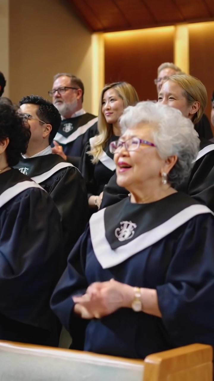 Video verticale: Un anziano cantante asiatico che canta e applaude in una cappella, indossando delle vesti, dopo aver ricevuto il segnale dal direttore d'orchestra.