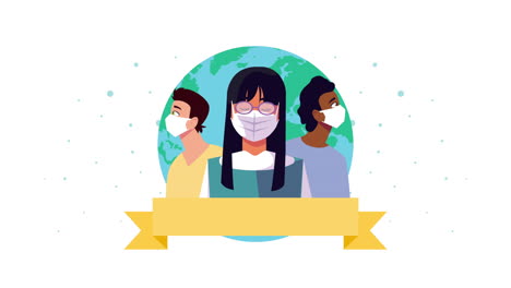 personas que usan máscaras faciales para covid-19 y el planeta tierra