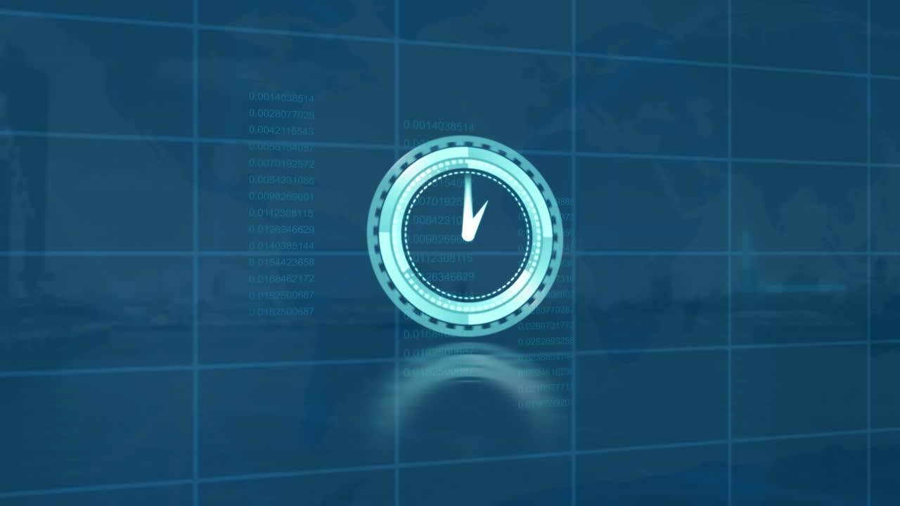Animazione di un orologio in movimento su elaborazione dati su sfondo blu