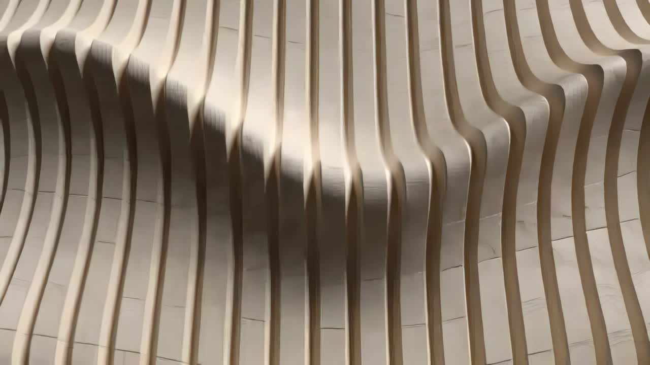 Shifting light and cam pan showing ribbed wall smoothing wave in lobby, shadows and tile backing