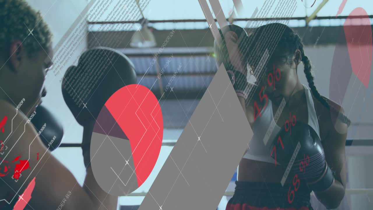 Two female boxers sparring in ring, left boxer advancing with jabs, animated sports data overlaying