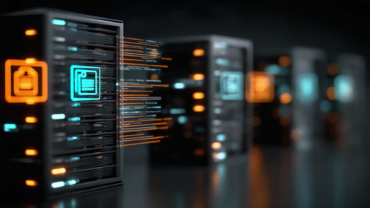 Explorer le flux de données dynamique entre des baies de serveurs modernes : une visualisation de l'échange d'informations dans un environnement de stockage numérique.