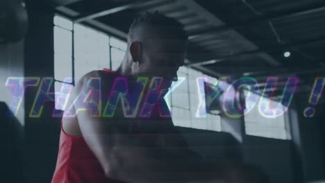 Animation-of-thank-you-text-over-african-american-sportsman-at-gym