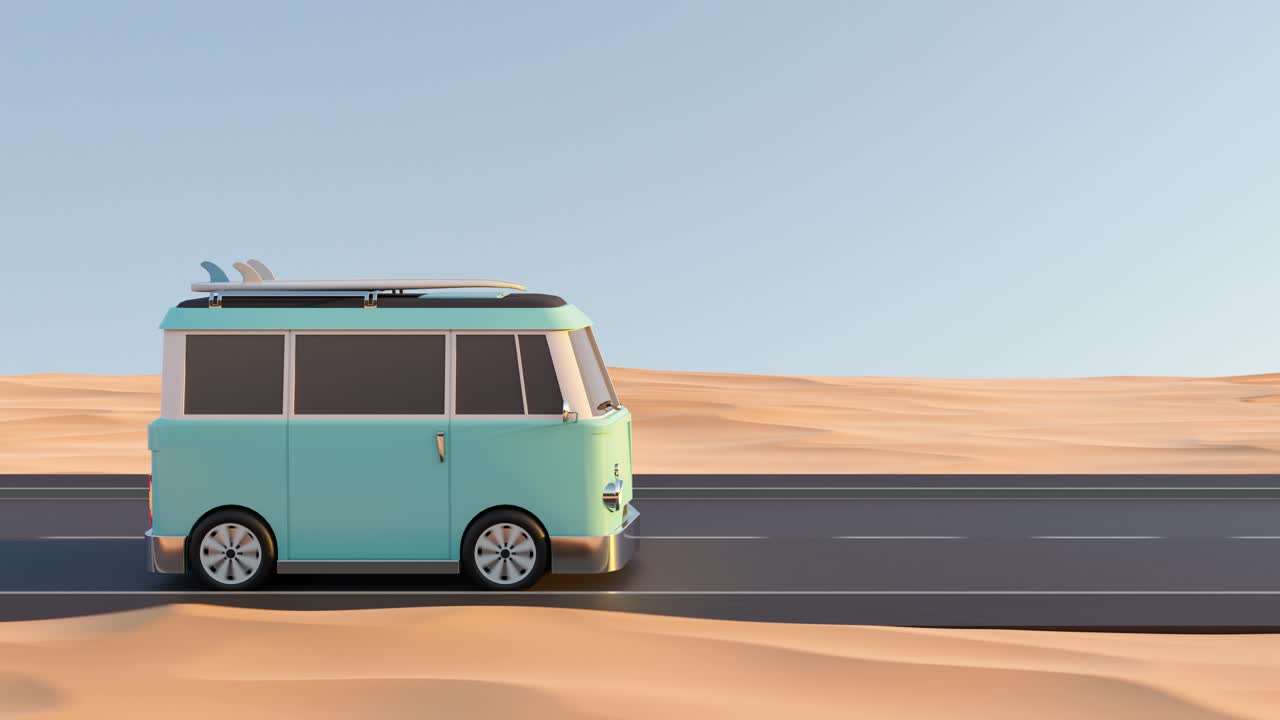 사막 도로 에 있는 밝은 파란색 캠퍼 밴