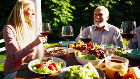 friends and family enjoying an outdoor meal and toasting with wine