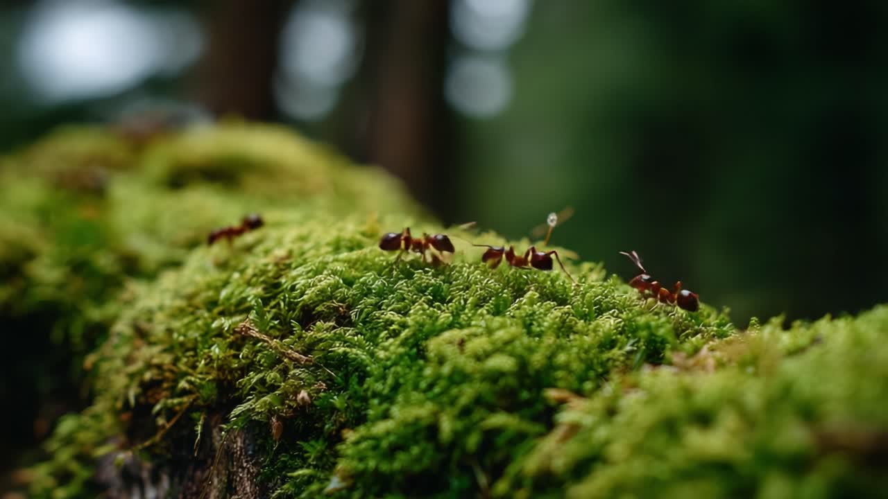 A Close-Up View of Ants foraging on a Lush Green Mossy Surface in a Forest Setting, Showcasing the Intricate Details of Nature's Small Creatures and Their Habitat