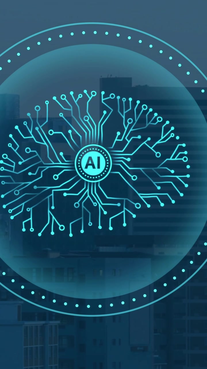 Animation of ai text, human brain and digital data processing over cityscape