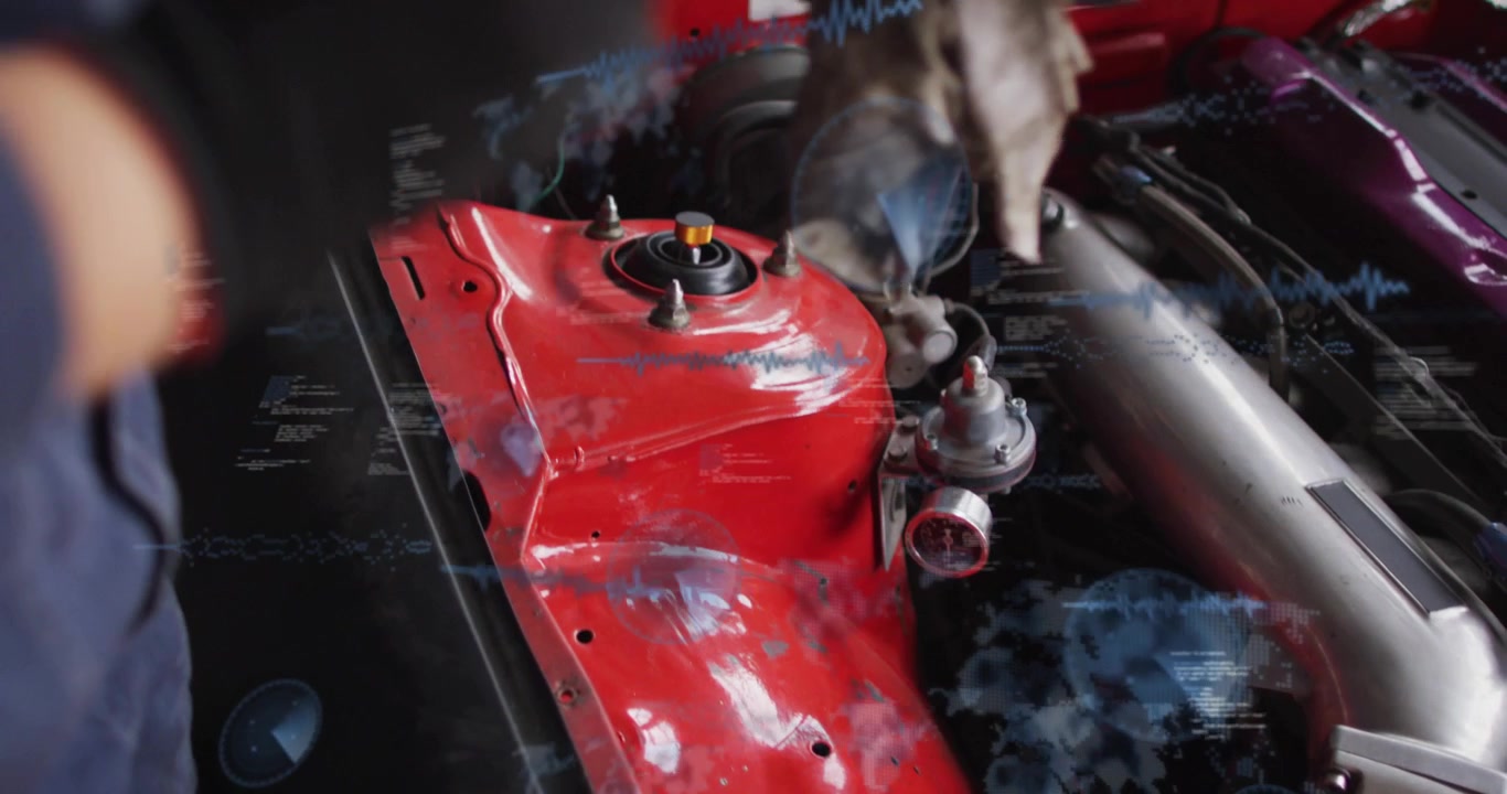 Auto woman mechanic inserting rod pulling clip wiping red strut inspecting intake HUD tagging parts