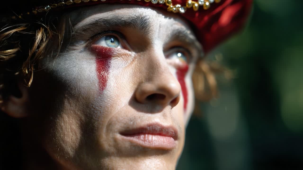 Un ritratto affascinante di un artista con trucco teatrale e un cappello regale, che guarda intensamente in lontananza sotto una luce soffusa