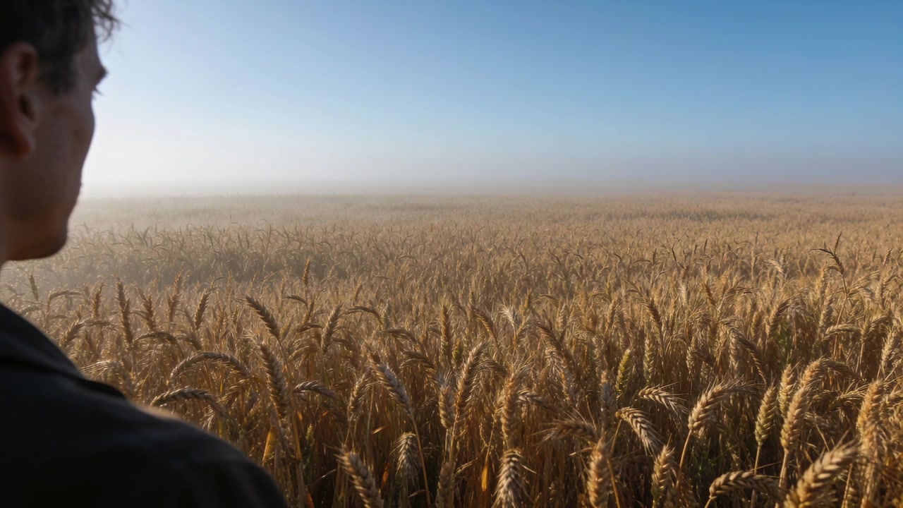 Uomo adulto in piedi che ispeziona un campo di grano mentre una leggera brezza muove gli steli in fattoria, giacca, spazio per il testo.