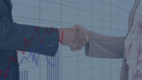 animation of data processing over businessman handshake