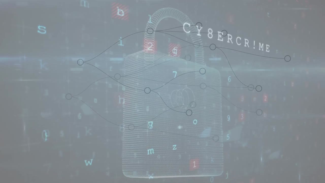 Animation of network of connections and cyberattack warning over padlock