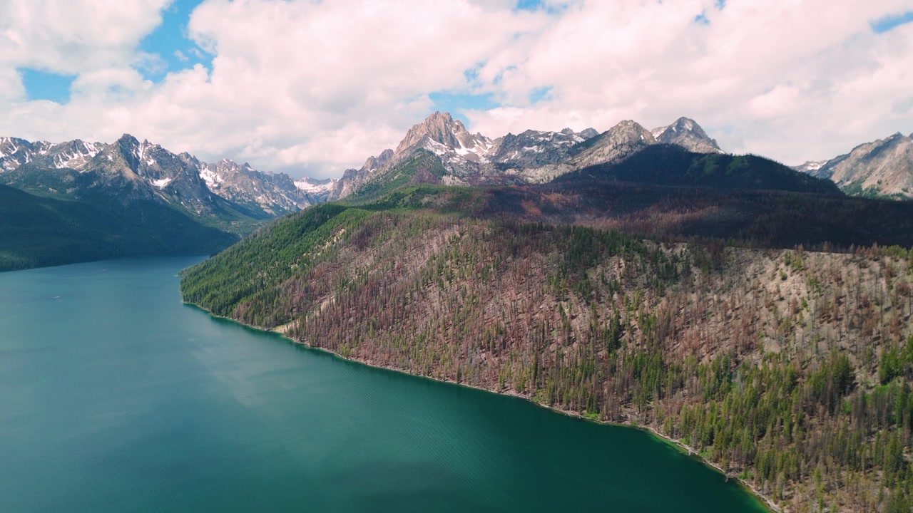 Wide and high shot of the sawtooths in stanley idaho