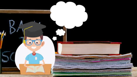 icono de niño de escuela estudiando en contra en contra de vuelta a la escuela texto en pizarra de madera y pila de libros