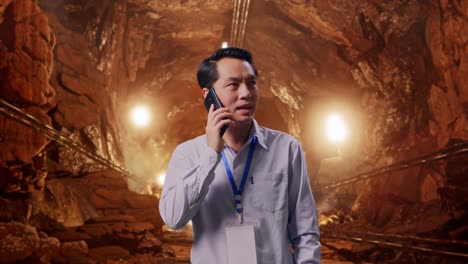 Asian Male Professional Worker Standing In Underground Mine Tunnel, He Pick The Phone Up And Started To Speaking With It