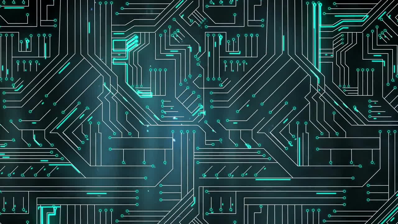 animación del procesamiento de datos digitales en una placa de circuitos sobre un fondo negro