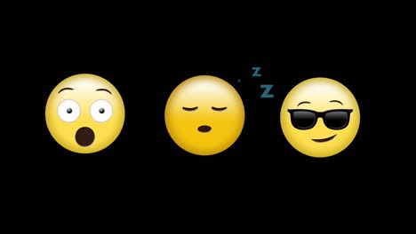 Digital-animation-of-surprised,-sleepy-and-face-wearing-sunglasses-emojis-against-black-background