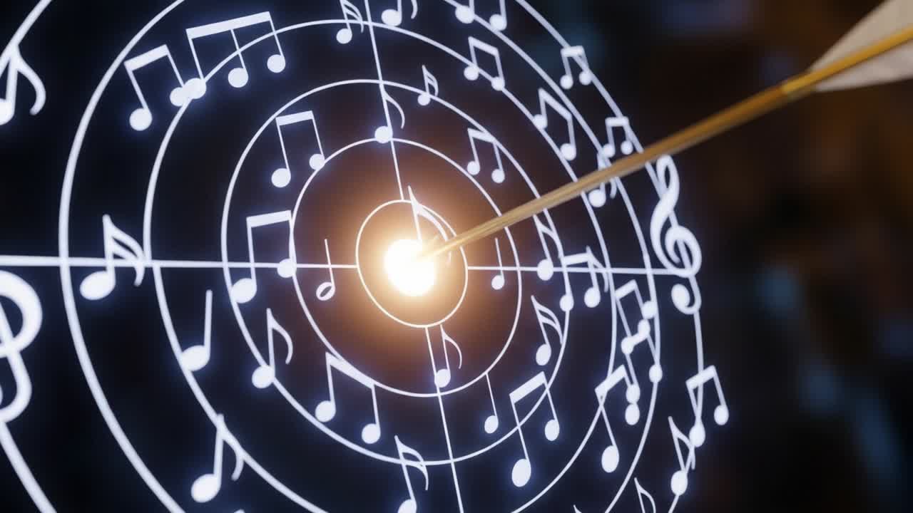 A Captivating Visual Journey of Music Notes Whirling Around a Target - An Arrow Precisely Strikes the Heart of Melodic Harmony