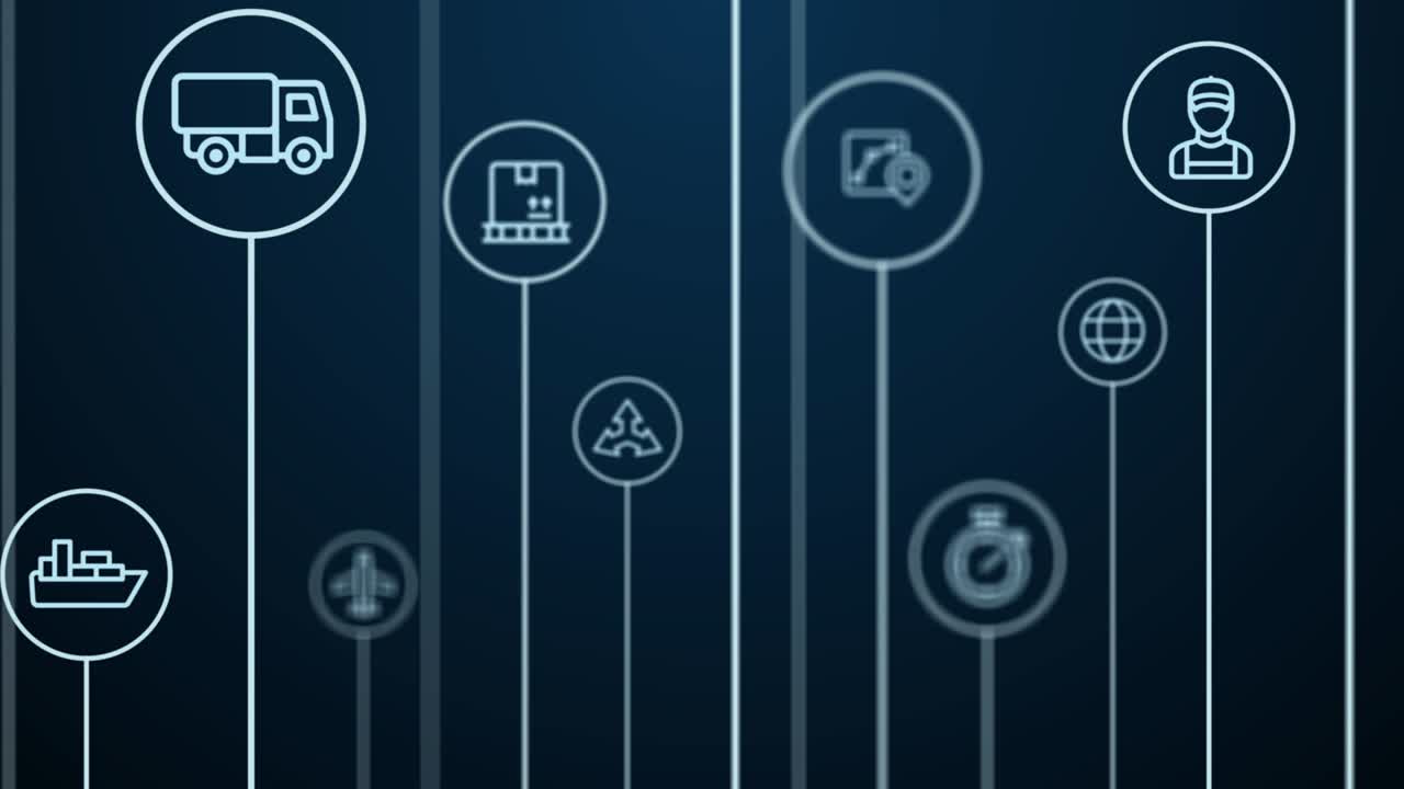 4K Abstract animation. Global logistic, distribution, delivery service background. Moving pass through lines, circles and icons.