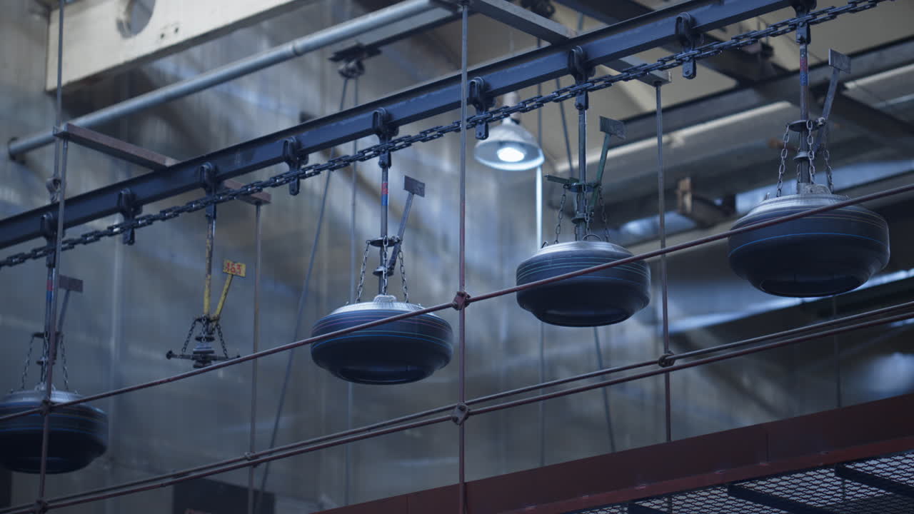 산업 창고에서 자동으로 작동하는 천장 타이어 생산 컨베이어