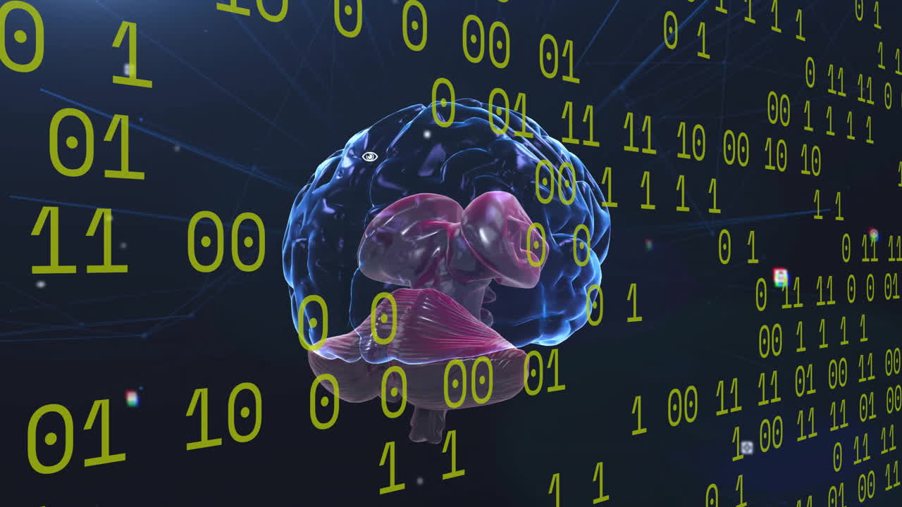 Animation of data processing and icons over digital brain spinning