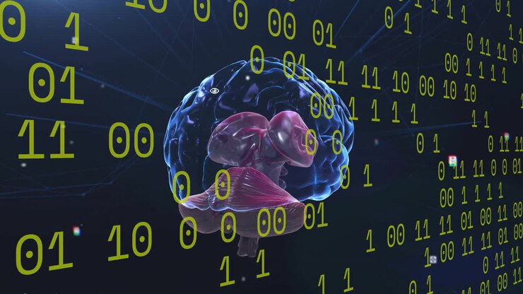 Animation of data processing and icons over digital brain spinning