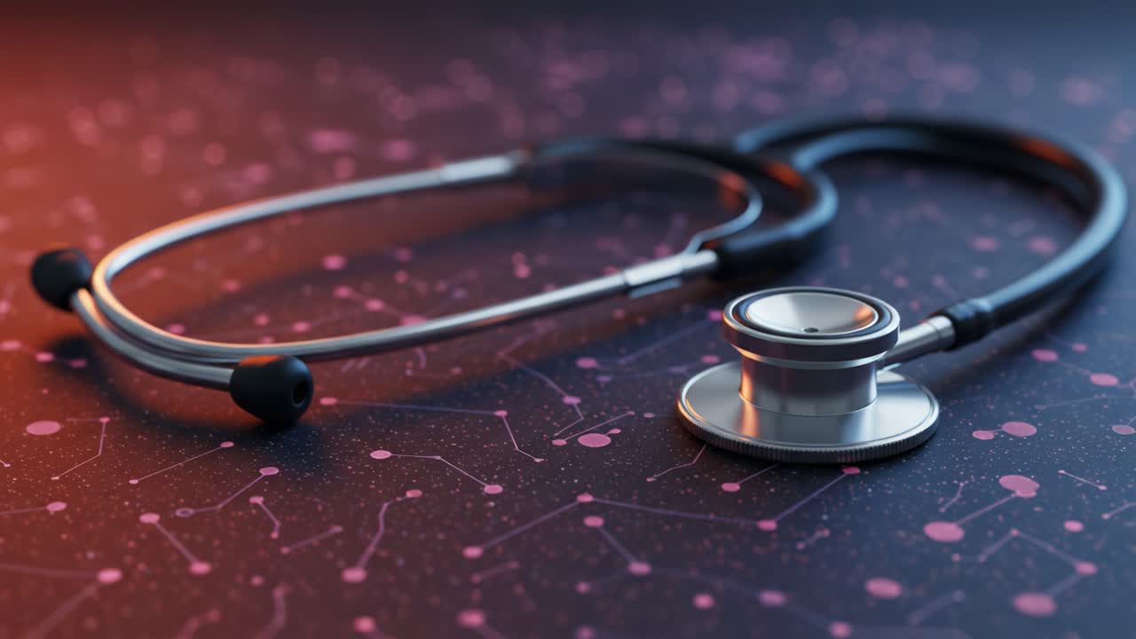 Primo piano di uno stetoscopio su uno sfondo futuristico caratterizzato da motivi astratti e digitali, che evidenzia la tecnologia medica e l'innovazione sanitaria.
