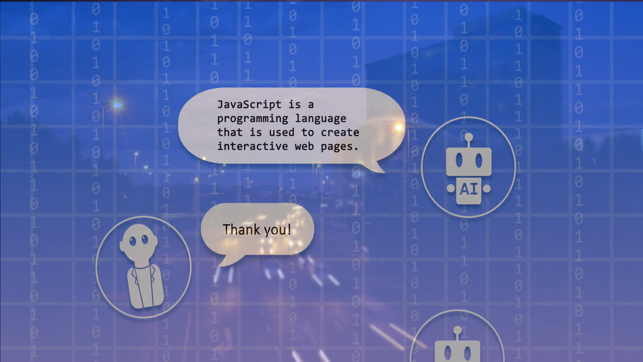 Animation of online ai chat on screen processing over cityscape