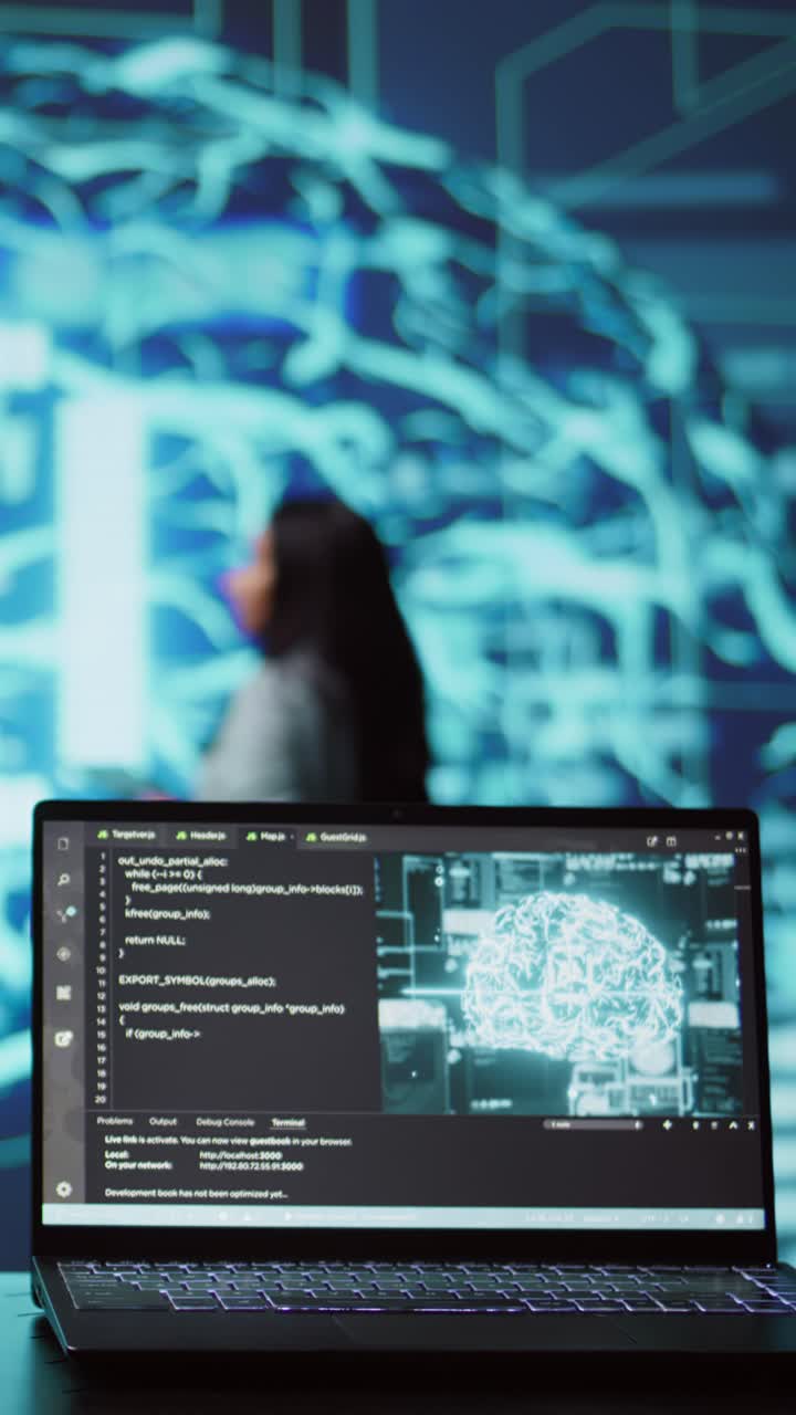 Vertical video IT professionals using artificial intelligence augmented reality hologram
