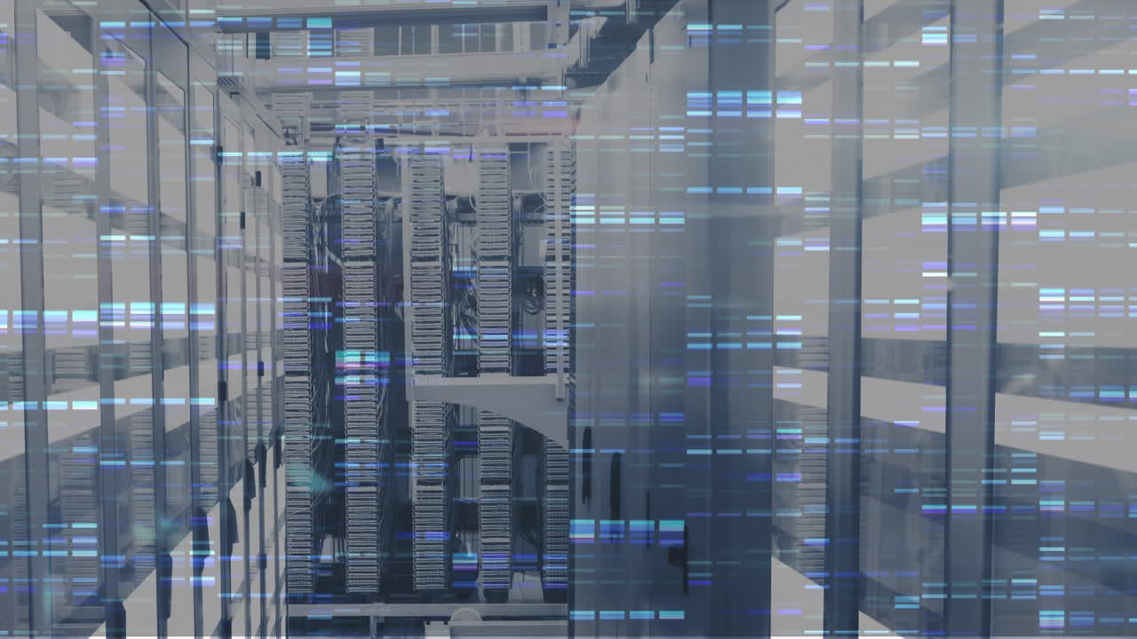 Animation of blue mosaic squares against computer server room