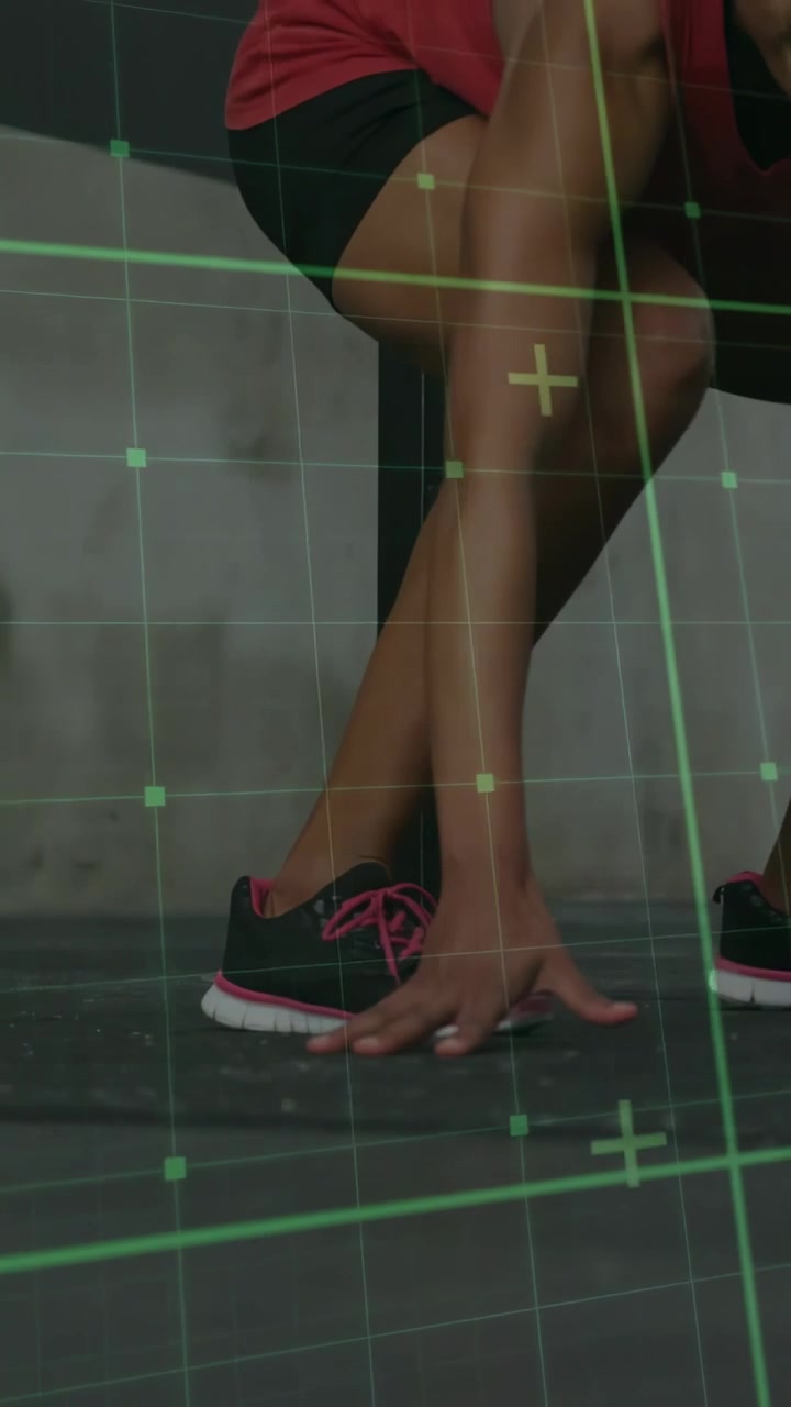Woman entering frame lunging stepping holding rings under green grid tracking legs for fitness