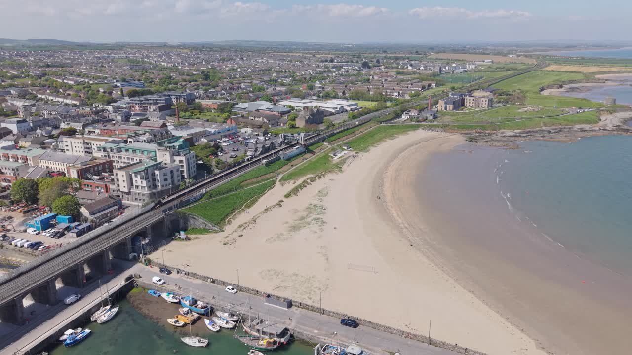 Aerial view of Balbriggan's coastal town and beach in Dublin, Ireland