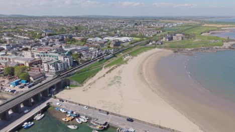 aerial view of balbriggan's coastal town and beach in dublin, ireland