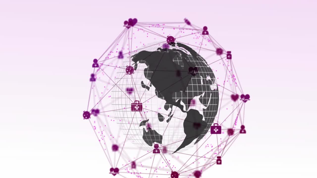 animación de una red de iconos digitales sobre un globo giratorio contra un fondo de gradiente rosa.