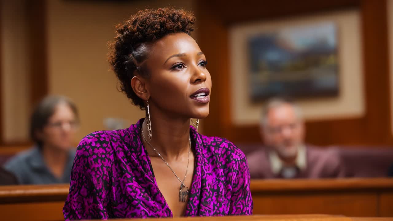 A contemplative moment unfolds in the courtroom as the central figure reflects deeply, embodying a mix of emotions while surrounded by attentive onlookers in a tense judicial atmosphere