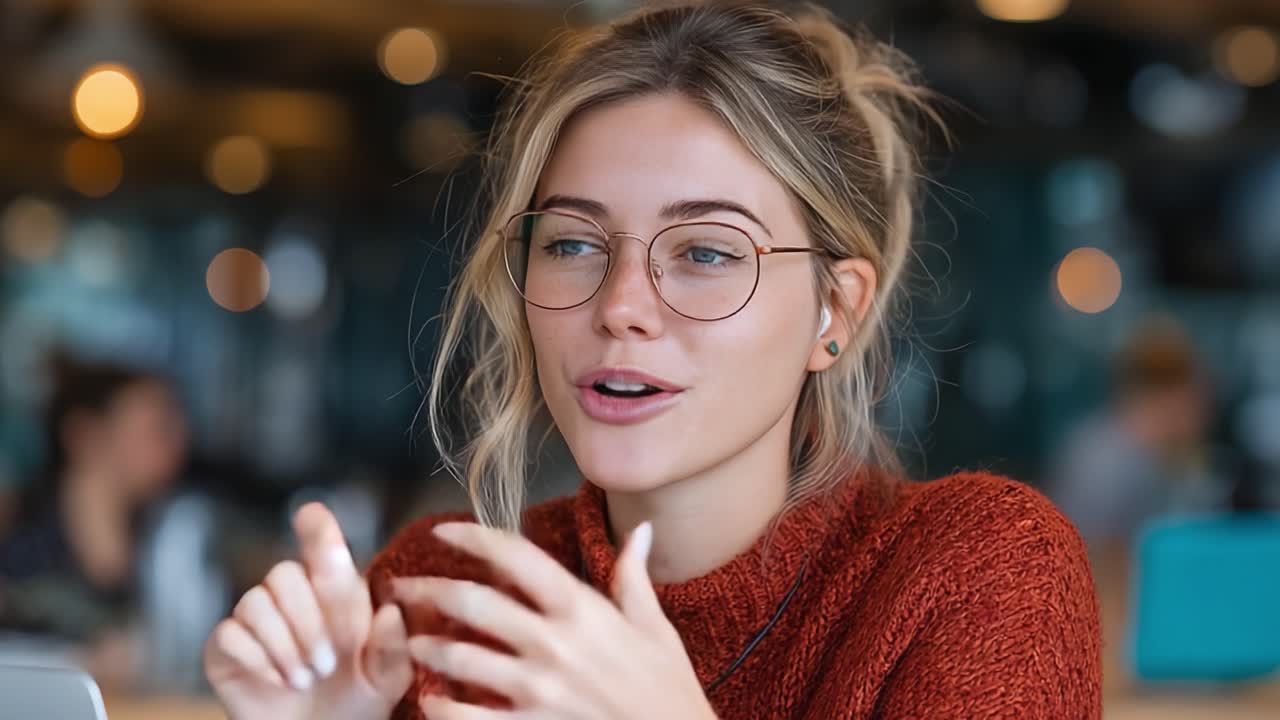 A Young Woman in a Cozy Sweater Expresses Joy and Curiosity in a Bright Café Setting with Soft Lighting and a Warm Atmosphere
