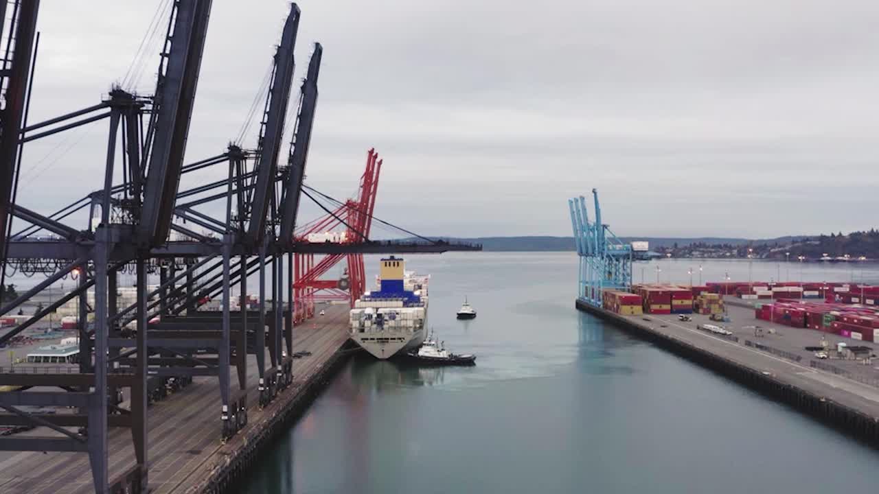 Tug Boat And Cargo Vessel At Tacoma Seaport In Washington, USA