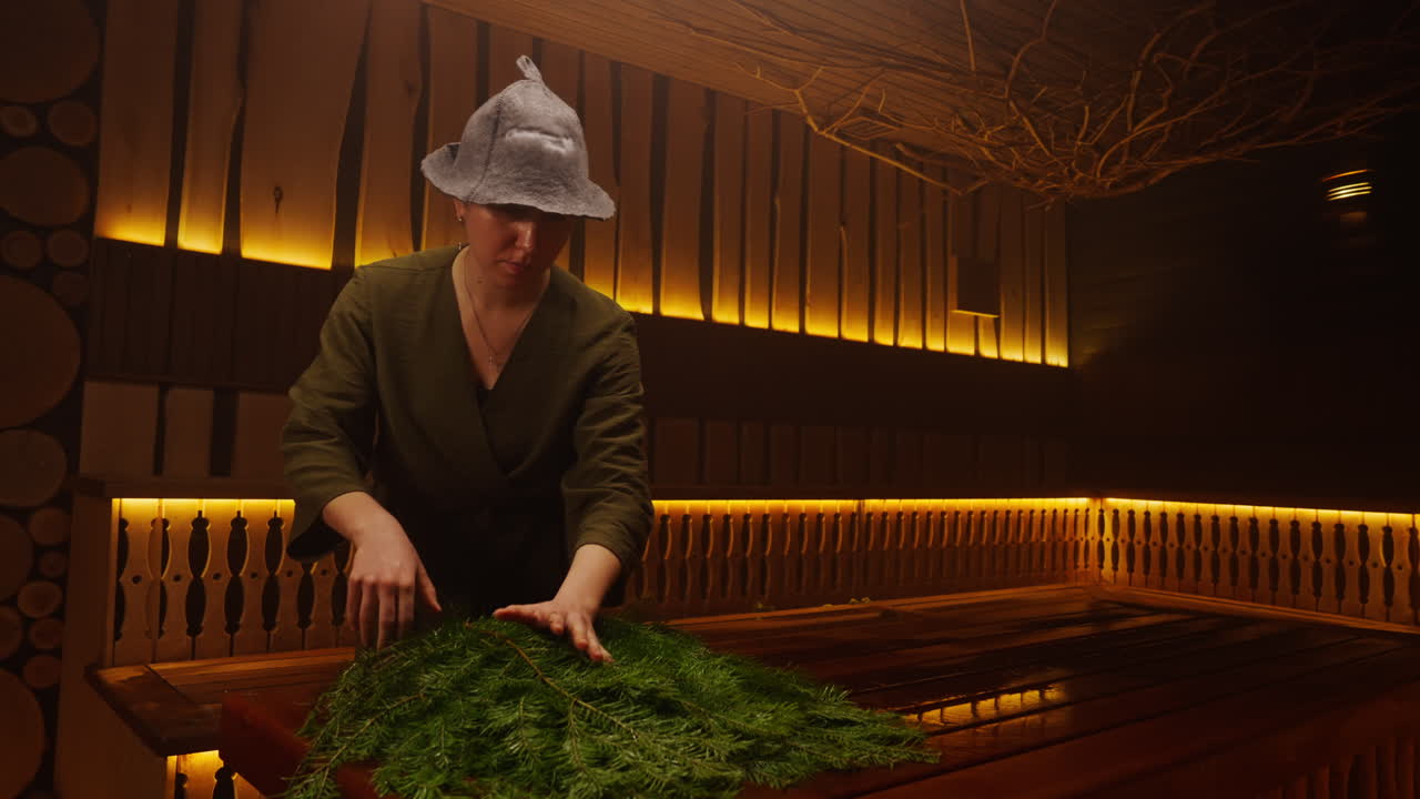 Woman Preparing a Sauna with Fir Branches