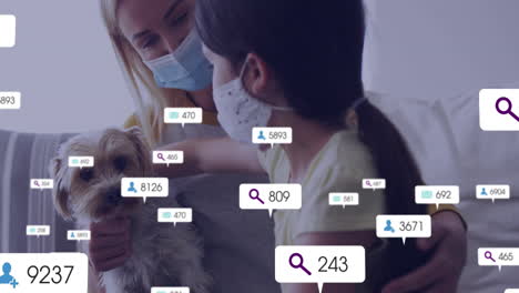 in school, child and woman wearing masks with social media icons on dog