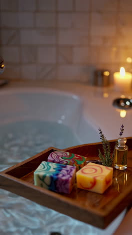 relaxing bath with colorful soap and candles