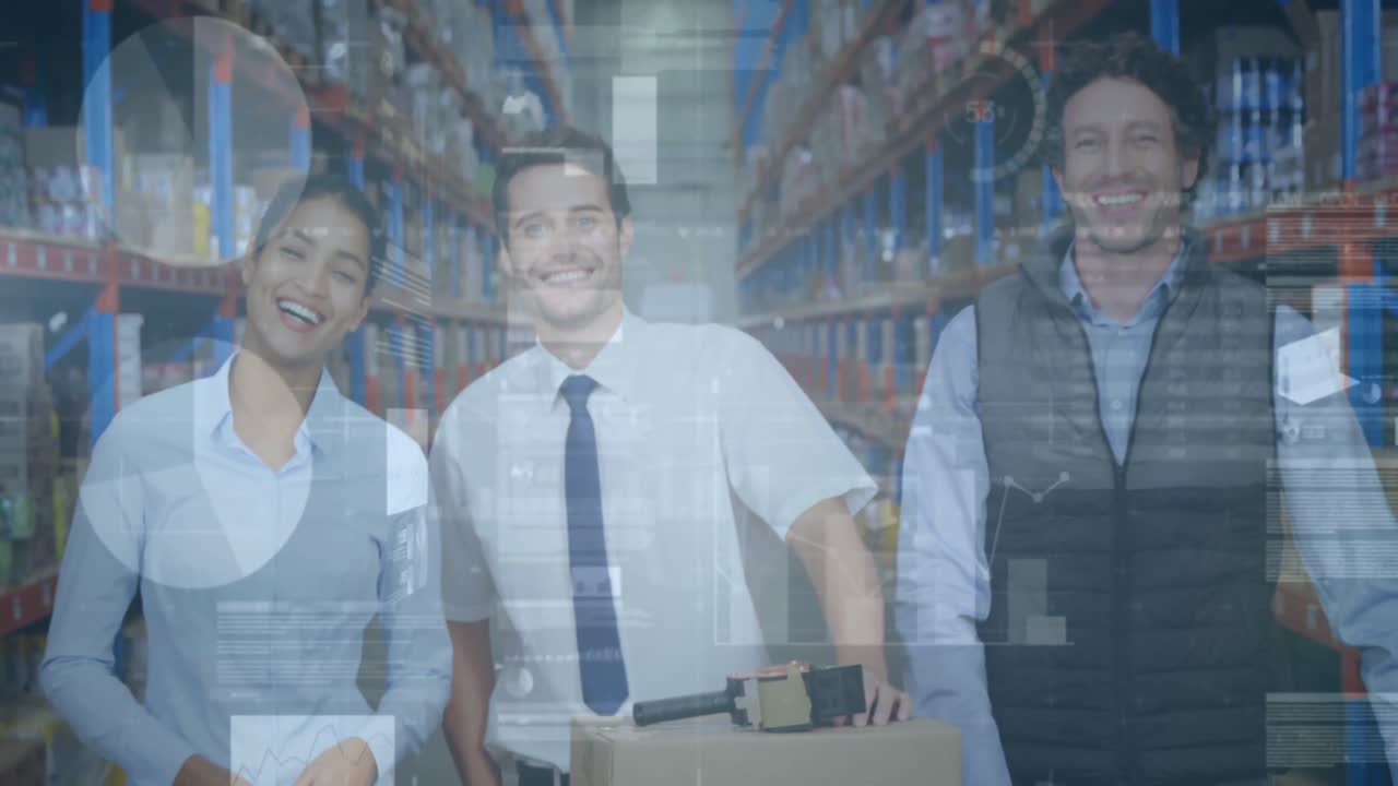 Animazione di elaborazione di dati statistici e finanziari su uomini e donne che lavorano in magazzino