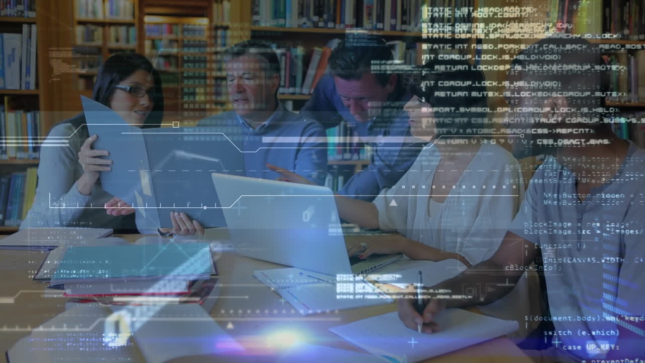 animación del procesamiento de datos sobre un grupo de personas diversas que estudian en la biblioteca