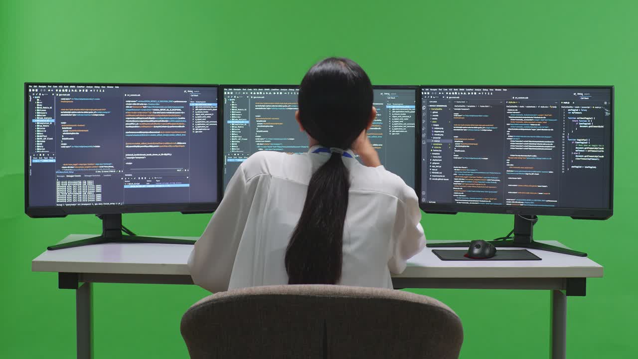 Programmer working on code on multiple monitors