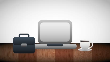 maletín de negocios de computadora y taza de café en la mesa