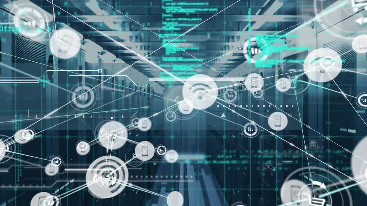 Animation of network of connections with icons and data processing over server room