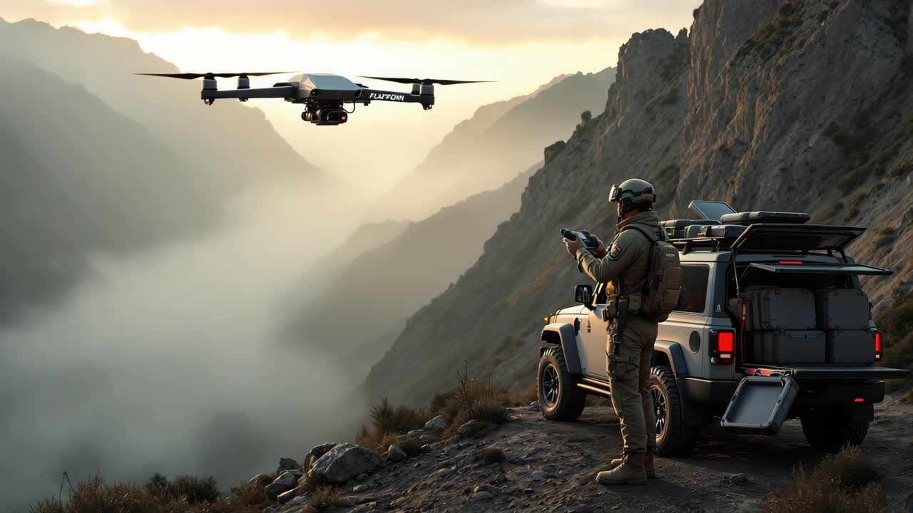 Military personnel controlling unmanned aerial vehicle above mountainous landscape during golden hour, surveillance technology deployment